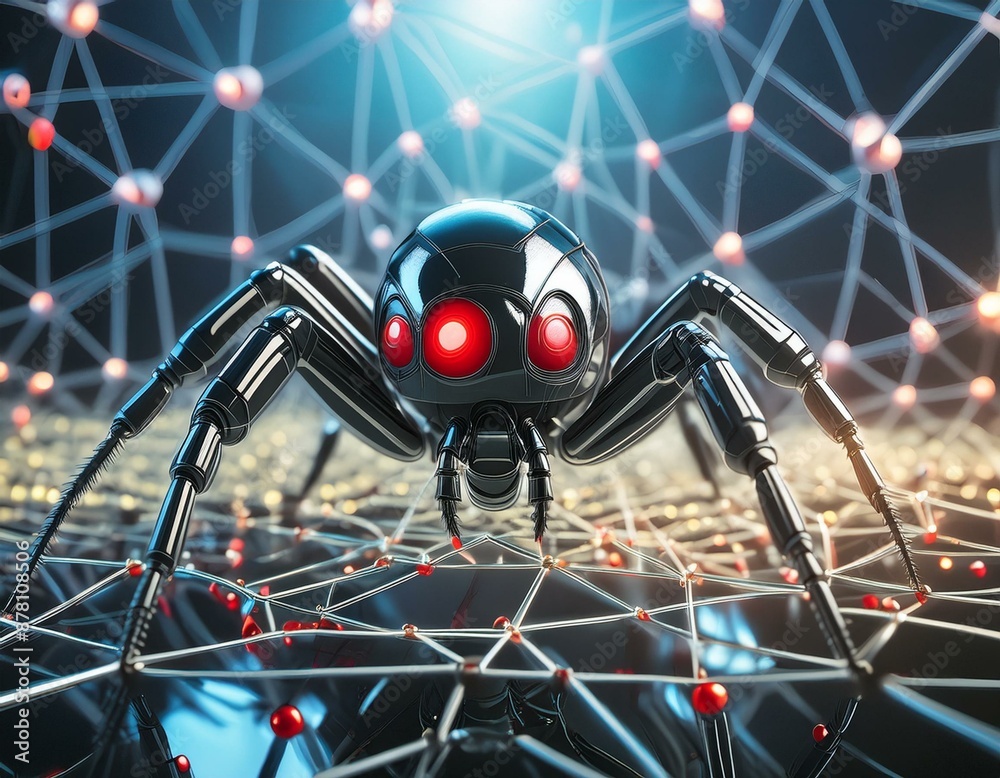 Fototapeta premium A close-up of a black spider mite on a network technology web, with selective focus and a blurred foreground, captured in macro detail. IT concept