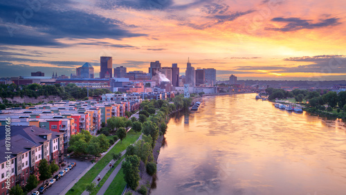 Saint Paul, Minnesota, USA. Aerial cityscape image of downtown St. Paul, Minnesota, USA with reflection of the skyline in Mississippi River at beautiful summer sunrise.