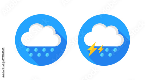 Weather icons. Rain, rain and thunderstorm icons. Flat style. Vector icons.