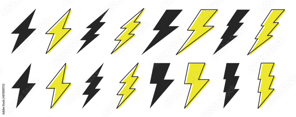 Creative vector collection of lightning bolts and electric power icons. Abstract symbol illustration for flash, lightning, thunderbolt, energy, and electricity in flat style for apps and website Creative vector collection of lightning bolts and electric power icons. Abstract symbol illustration for flash, lightning, thunderbolt, energy, and electricity in flat style for apps and website