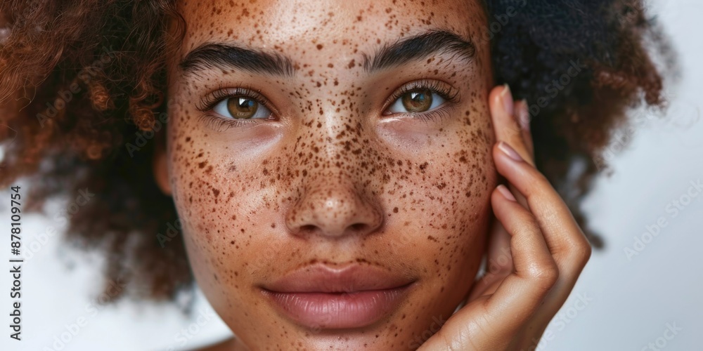 A portrait of a young woman's face, focusing on her freckles A portrait of a young woman's face, focusing on her freckles