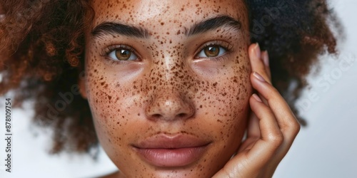 A portrait of a young woman's face, focusing on her freckles © vefimov