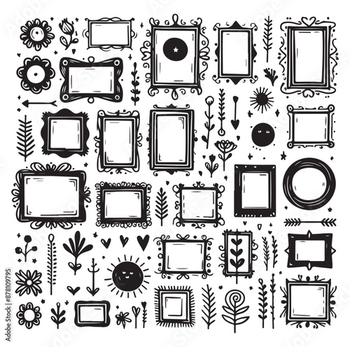 Set of nine ornate black and white frames silhouette vector