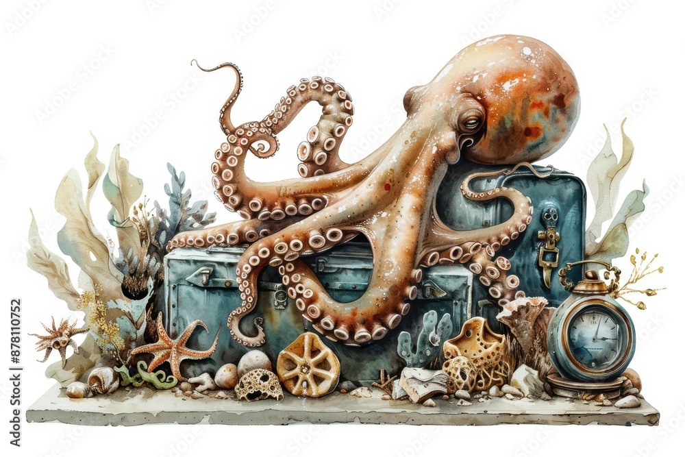 Fototapeta premium A playful scene of a treasure hunt where divers discover enchanted artifacts guarded by a friendly octopus