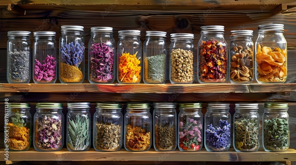 Assortment of Dried Herbs in Elegant Glass Jars on Wooden Shelves for Traditional Herbal Remedies Assortment of Dried Herbs in Elegant Glass Jars on Wooden Shelves for Traditional Herbal Remedies