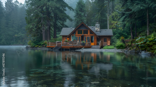 A small cabin sits on a lake with a view of the water