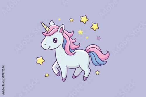 Cute lovely whimsical unicorn surrounded by twinkling stars vector cartoon illustration  