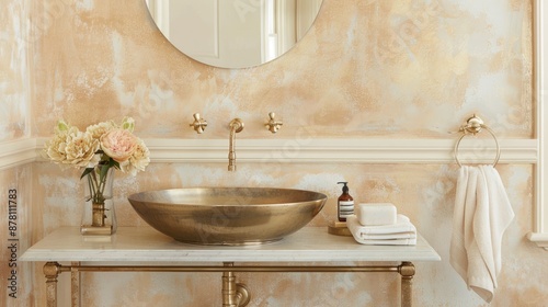 Fototapeta Naklejka Na Ścianę i Meble -  An elegant bathroom with Venetian plaster walls and a vintage-inspired brass console sink