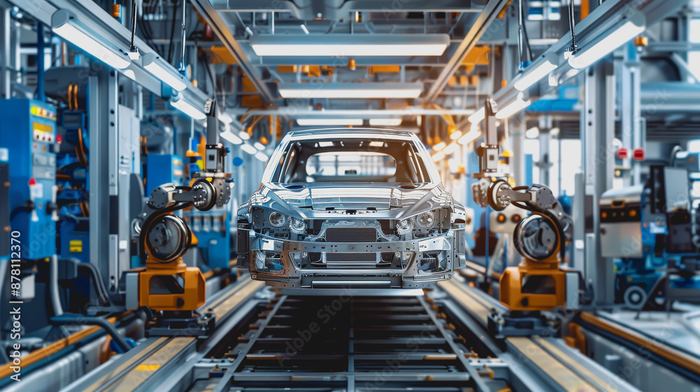 High-tech car manufacturing with neon lights and holographic screens High-tech car manufacturing with neon lights and holographic screens