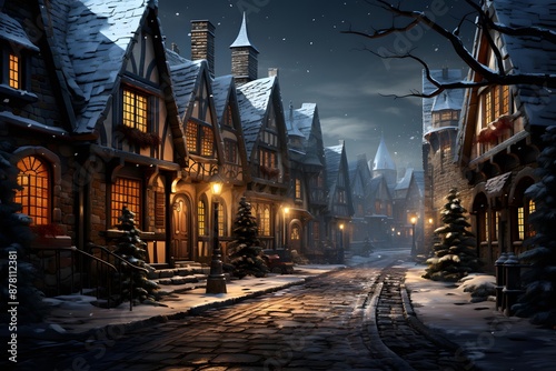 Winter night street with houses and trees in snowfall, 3d illustration