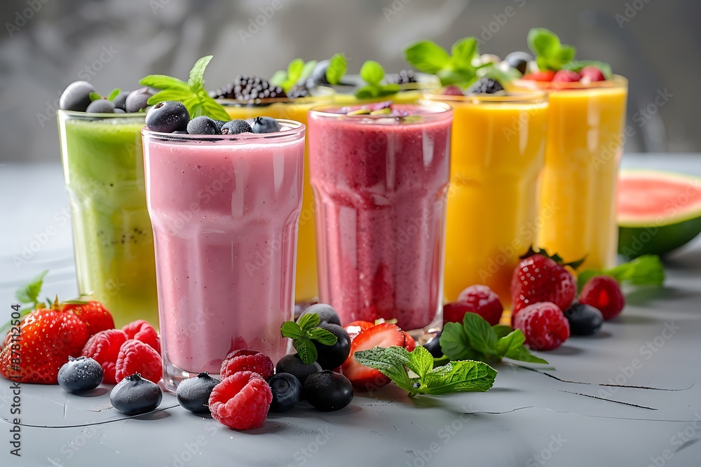 Colorful smoothies in tall glasses with fresh berries and mint Colorful smoothies in tall glasses with fresh berries and mint