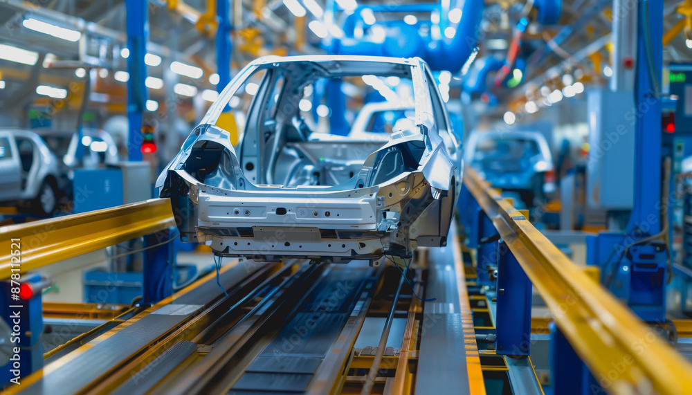 High-tech car manufacturing with neon lights and holographic screens