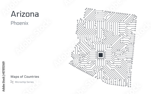 Arizona Map with a capital of Phoenix Shown in a Microchip Pattern. E-government. United States vector maps. Microchip Series	
