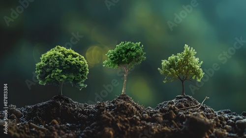 Three steps of tree growth, labeling each stage with its characteristics and changes.