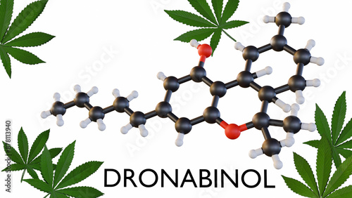 3D rendering of a cannabis leaf, a medicine capsule, and the dronabinol molecule showcases research into potential medical uses of cannabis compounds. photo