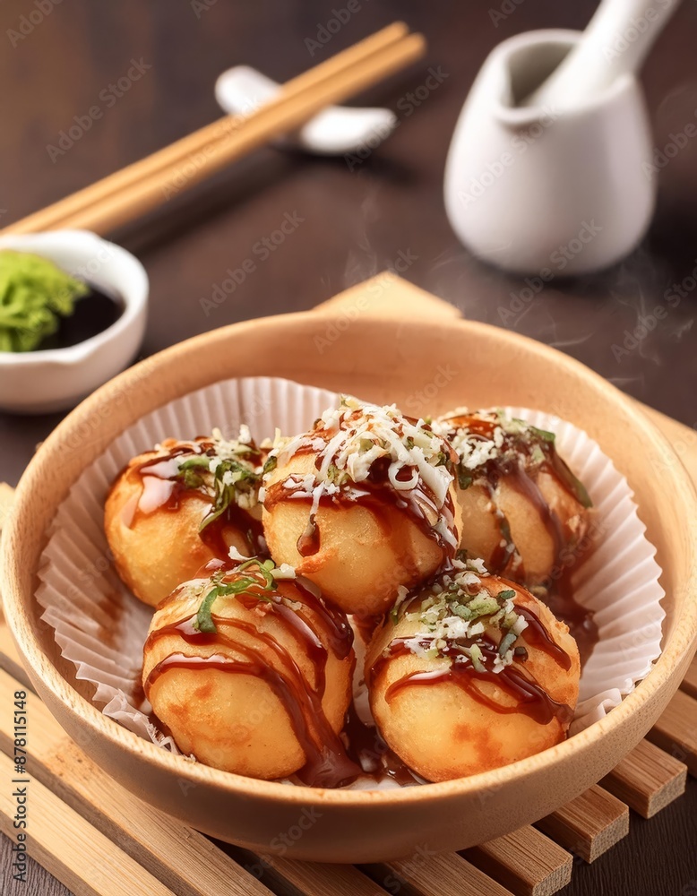 Takoyaki - Japanese Cuisine and Street Food - Octopus Dough Balls - Grilled Takoyaki presented in a Tasteful way with Mayonaise, Green Onions and Worcester Sauce Takoyaki - Japanese Cuisine and Street Food - Octopus Dough Balls - Grilled Takoyaki presented in a Tasteful way with Mayonaise, Green Onions and Worcester Sauce