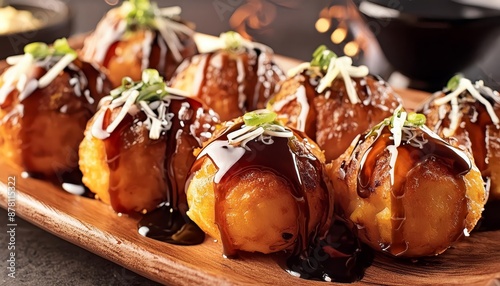 Takoyaki - Japanese Cuisine and Street Food - Octopus Dough Balls - Grilled Takoyaki presented in a Tasteful way with Mayonaise, Green Onions and Worcester Sauce photo