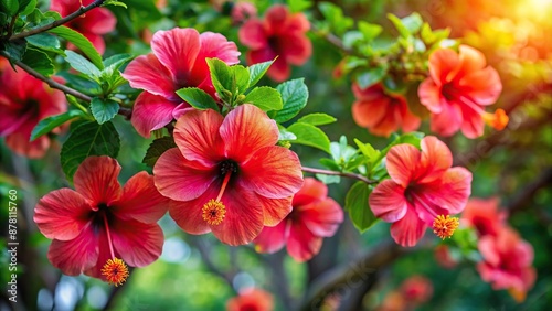 Vibrant hibiscus flowers blooming on a tree branch , blooming, hibiscus, tree © tammanoon