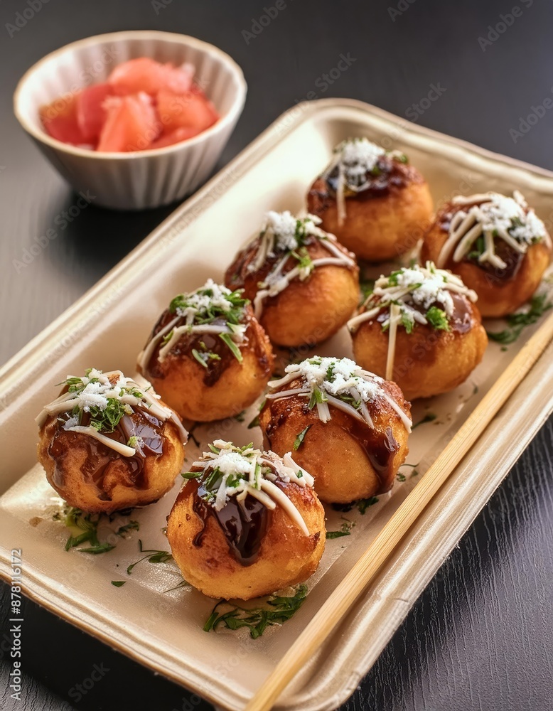 Takoyaki - Japanese Cuisine and Street Food - Octopus Dough Balls - Grilled Takoyaki presented in a Tasteful way with Mayonaise, Green Onions and Worcester Sauce Takoyaki - Japanese Cuisine and Street Food - Octopus Dough Balls - Grilled Takoyaki presented in a Tasteful way with Mayonaise, Green Onions and Worcester Sauce