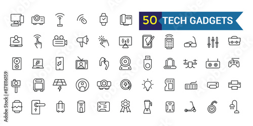 Tech gadgets line icon set. Outline icon collection. Editable vector stroke.