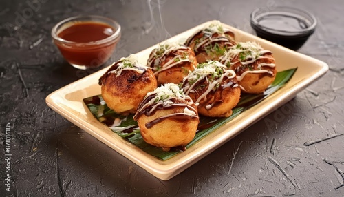 Takoyaki - Japanese Cuisine and Street Food - Octopus Dough Balls - Grilled Takoyaki presented in a Tasteful way with Mayonaise, Green Onions and Worcester Sauce photo