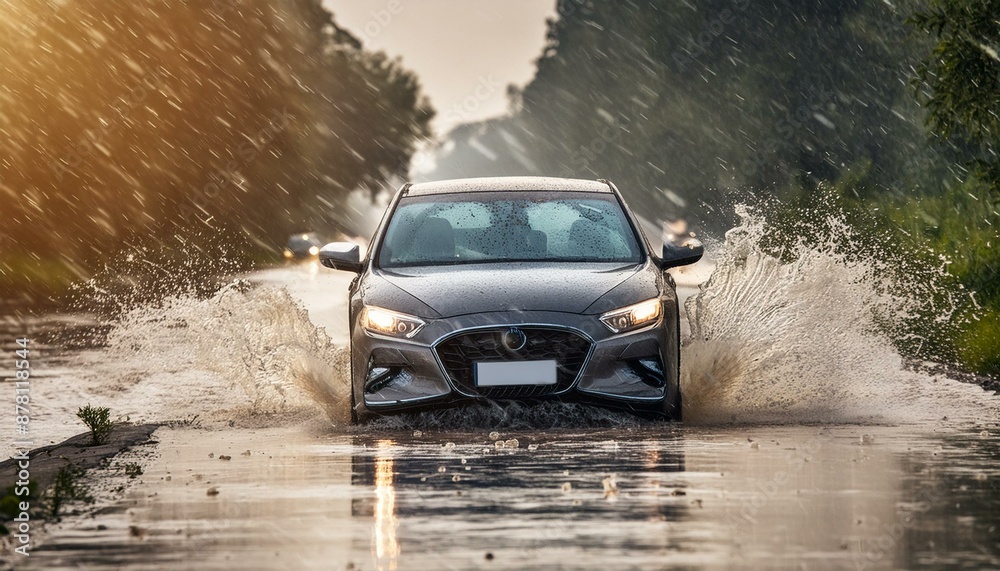 Battling the Elements: Car Navigates a Flooded Road in Torrential Rain Battling the Elements: Car Navigates a Flooded Road in Torrential Rain