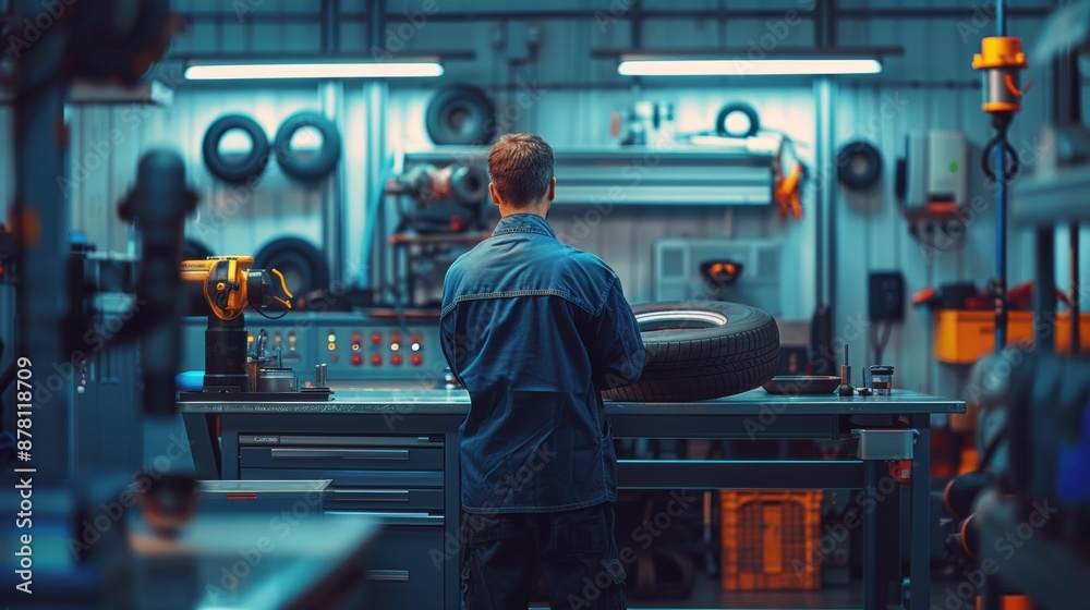 Mechanic working at car service workshop standing near tire fitting machine Mechanic working at car service workshop standing near tire fitting machine