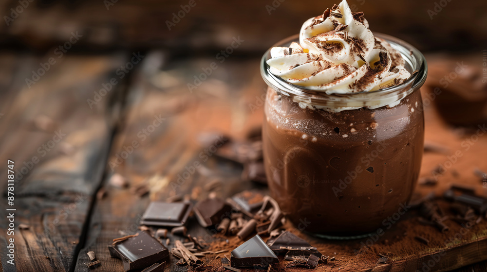 a decadent frozen chocolate mousse, served in a glass jar with a dollop of whipped cream and chocolate shavings, set on a rustic wooden table a decadent frozen chocolate mousse, served in a glass jar with a dollop of whipped cream and chocolate shavings, set on a rustic wooden table