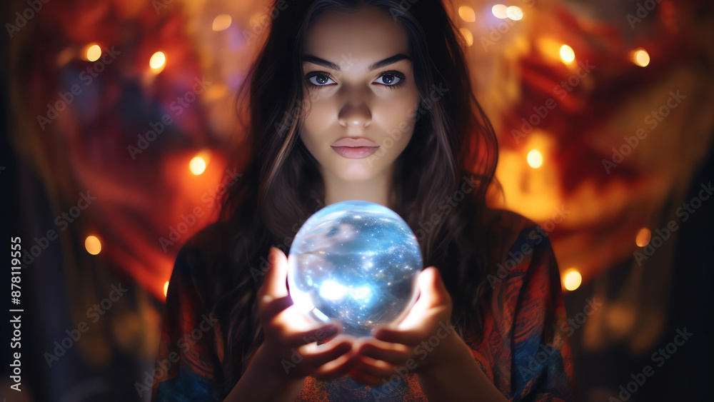 Fototapeta premium A Young Brunette Woman Holding a Crystal Ball