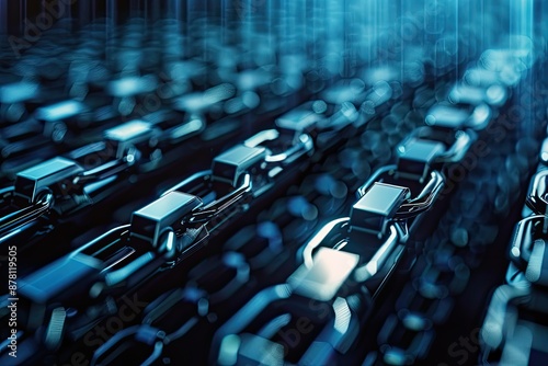 Blue glowing blockchain network with multiple links representing secure digital transactions photo