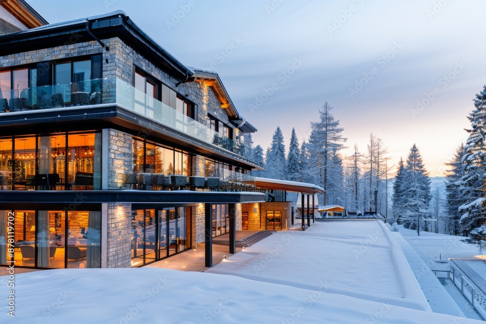 Fototapeta premium Stunning alpine resort with a sleek design, featuring large windows and stone accents. Surrounded by a snowy forest