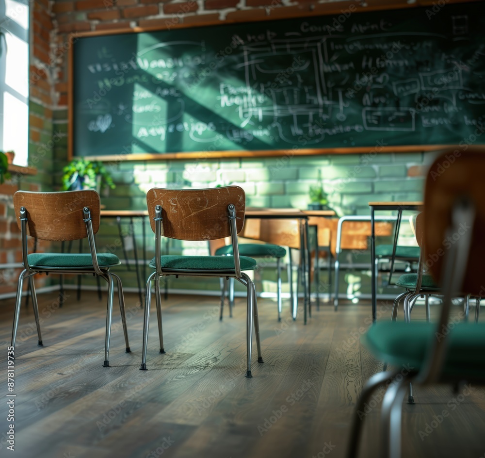Empty classroom interior with chairs and desks in front of blackboard Empty classroom interior with chairs and desks in front of blackboard