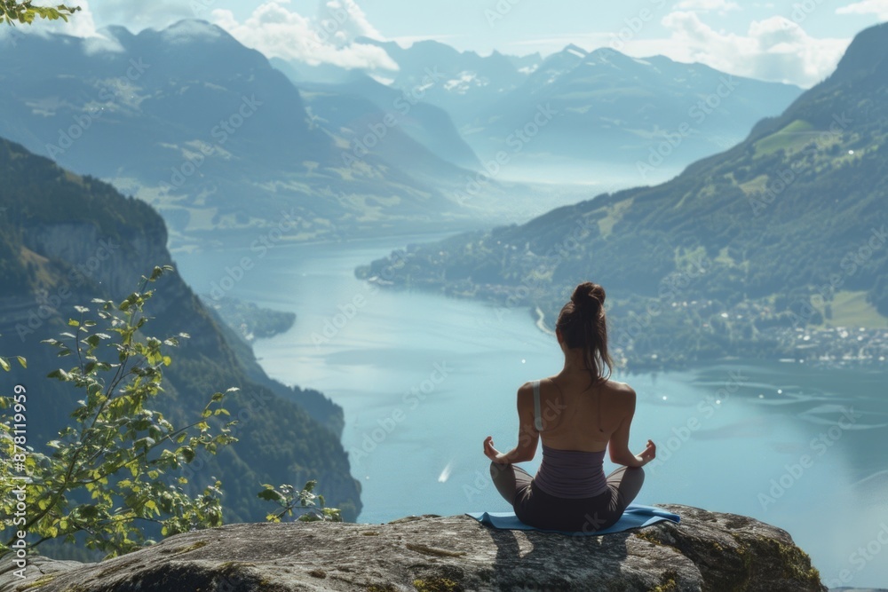 A woman sits on top of a large rock with a scenic view in the background A woman sits on top of a large rock with a scenic view in the background