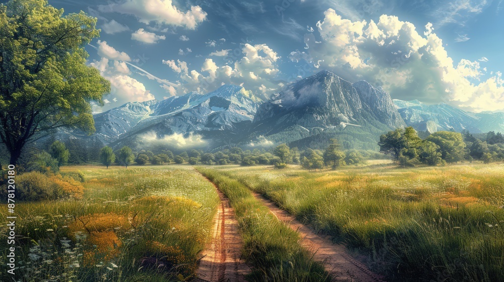 Dirt road leading to majestic mountain range under a cloudy sky Dirt road leading to majestic mountain range under a cloudy sky