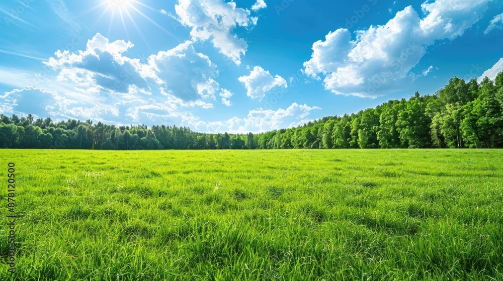 Obraz premium green grass meadow with tree on border and blue sky nature landscape 