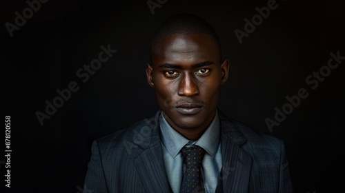 Serious businessman looking at camera on black background