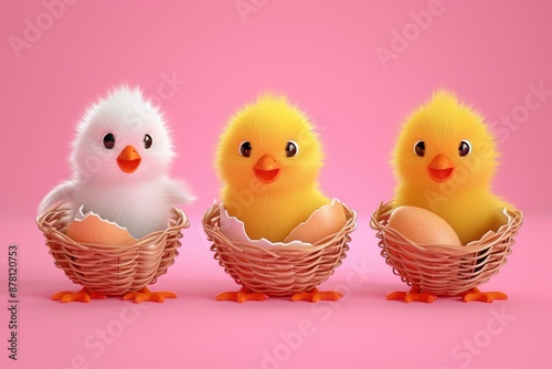 Three small chicks sitting together in a woven basket