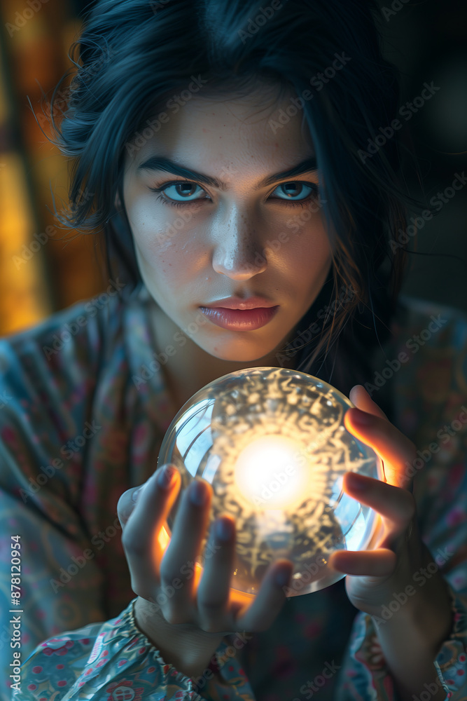 Naklejka premium Fortune teller predicting the future with a clairvoyant crystal ball. Mysterious psychic woman looking at glowing magical glass sphere.