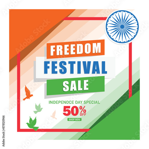 Indian Independence Day festival. Online sales offer discounts of up to 50%. Independence Day sale concept. Flat vector illustration.