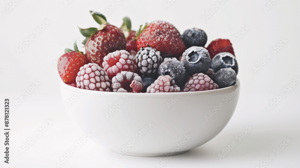 a bowl of frozen berries, including strawberries, blueberries, and raspberries, with a light dusting of frost, set against a plain white background a bowl of frozen berries, including strawberries, blueberries, and raspberries, with a light dusting of frost, set against a plain white background
