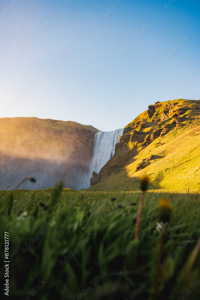 Stunning view of the Skógafoss Waterfall at sunset. Skógafoss is one of the biggest waterfalls in Iceland, situated on the Skoga River in the south of Iceland.