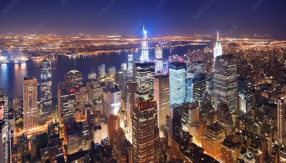Fototapeta premium Ikonisches Reiseziel und Touristenattraktion mit erleuchteten Bürogebäuden in Manhattan und Brooklyn bei Nacht. Nachtleben in New York City