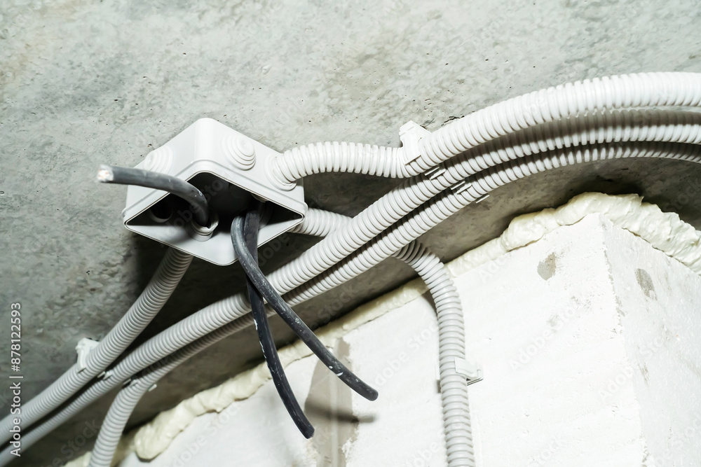 Close-up of electrical wires running through a conduit in a concrete ceiling Close-up of electrical wires running through a conduit in a concrete ceiling