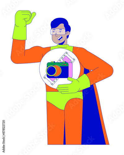 Strong hindu man hero holding camera 2D linear cartoon character. Indian male superhero sharing power of photography isolated line vector person white background. Art color flat spot illustration