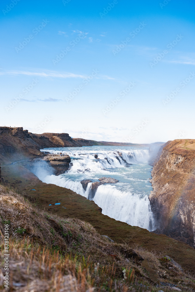 Stunning view of Gullfoss meaning golden waterfall, located in the canyon of the Hvita river, west of the Icelandic capital Reykjavik. Gullfoss is the most popular waterfall in Iceland.