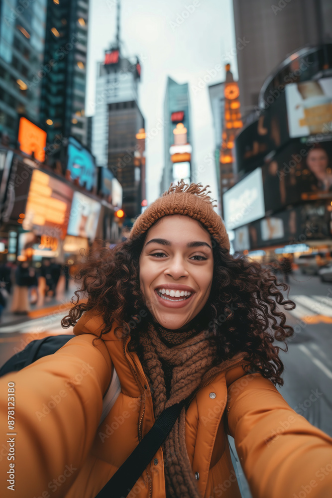 Beautiful young woman having much fun in New York. Cheerful adult tourist feeling happy and excited in Manhattan, USA. Beautiful young woman having much fun in New York. Cheerful adult tourist feeling happy and excited in Manhattan, USA.