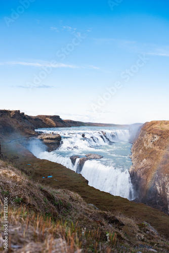 Stunning view of Gullfoss meaning golden waterfall, located in the canyon of the Hvita river, west of the Icelandic capital Reykjavik. Gullfoss is the most popular waterfall in Iceland.