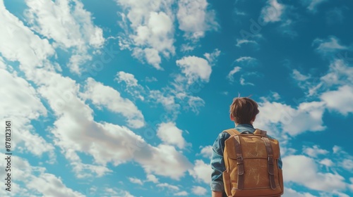 A serene image of a student with a backpack staring at the clear blue sky with wispy clouds. © Philipp