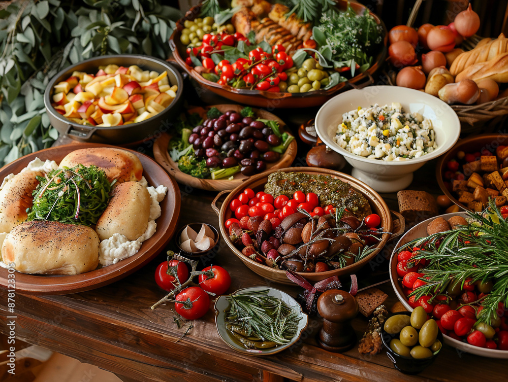 Rustic Table Spread With Various Appetizers and Dishes
