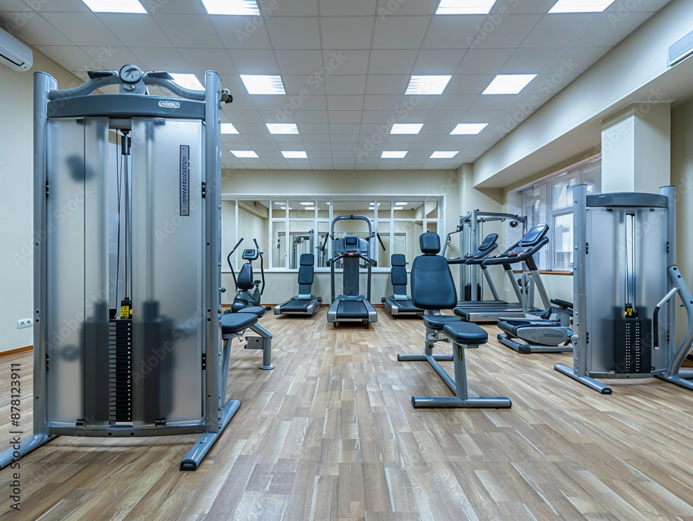 Modern Fitness Center Interior With Exercise Equipment and Wood Flooring Modern Fitness Center Interior With Exercise Equipment and Wood Flooring